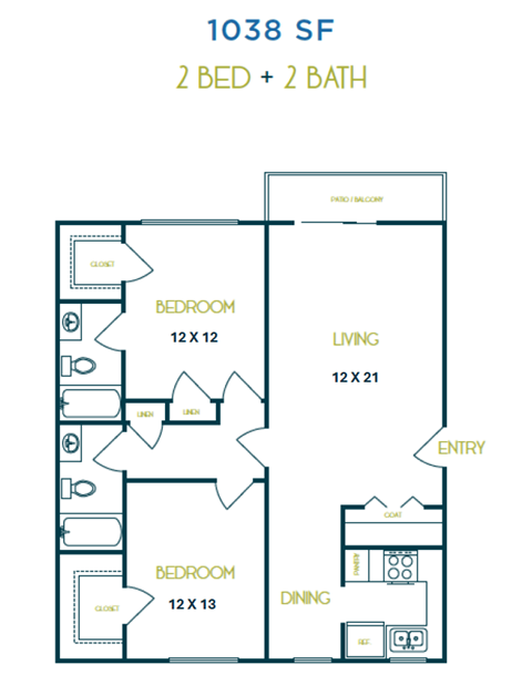 Floor plan for 2 beds, 2 baths, 1038 sqft
